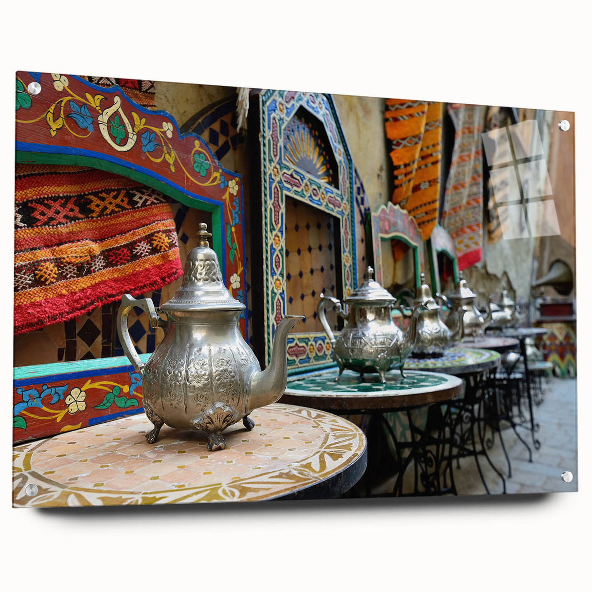 Large abstract wall art depicting a Moroccan landscape in warm earth tones on acrylic glass, ideal for dining room decor.