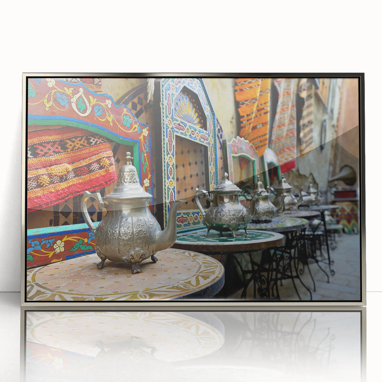 Art deco poster depicting a Moroccan scenery in silver acrylic frame, ideal for modern art wall decor in a nursery.