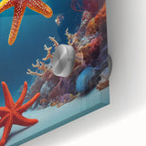 Large abstract wall art depicting the Seychelles landscape in vibrant greens and blues on acrylic glass.