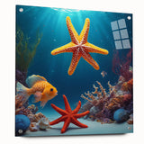 Large abstract wall art depicting Seychelles scenery in vibrant ocean blues and greens, printed on acrylic glass.