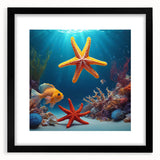 Extra large abstract art print featuring a colorful, textured depiction of Seychelles scenery on a black framed canvas.