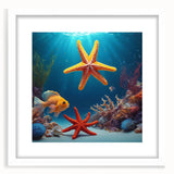 Abstract art print of Seychelles scenery in muted blue and green tones on a white framed canvas.