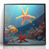 Large abstract wall art depicting Seychelles scenery in muted blues and greens on a framed acrylic.