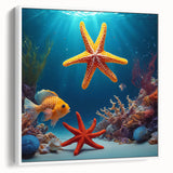 Vintage poster art of Seychelles scenery on framed canvas, featuring vibrant colors, ideal for living room decor.