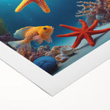 Art deco poster of Seychelles scenery in muted blue and green tones on a rolled canvas, suitable for dining room wall art.