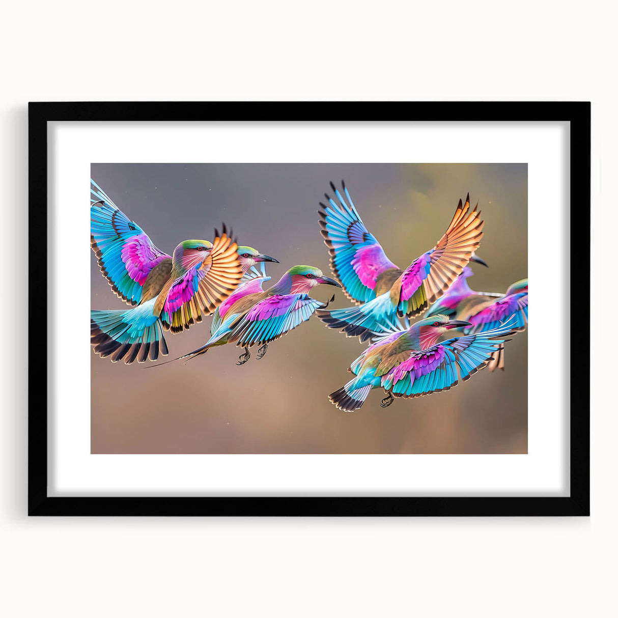Extra large abstract art print of a colorful African scenery in a black frame, ideal for living room decor.