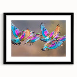 Extra large abstract art print of a colorful African scenery in a black frame, ideal for living room decor.