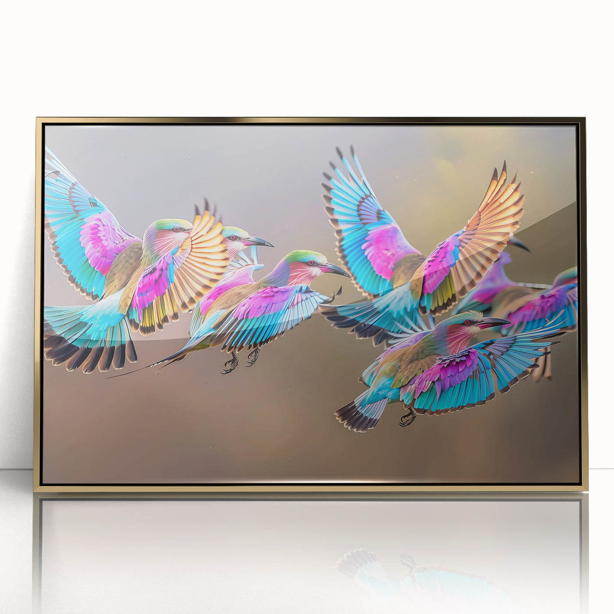 Large acrylic print of a South African scenery, with gold frame, featuring mid-century modernist style.