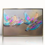 Large acrylic print of a South African scenery, with gold frame, featuring mid-century modernist style.