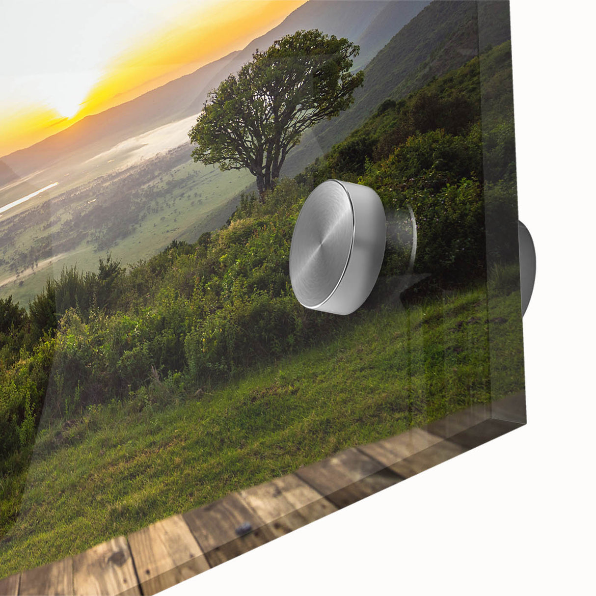 Large abstract depiction of Tanzania scenery in muted earth tones on acrylic glass, suitable for dining room art.