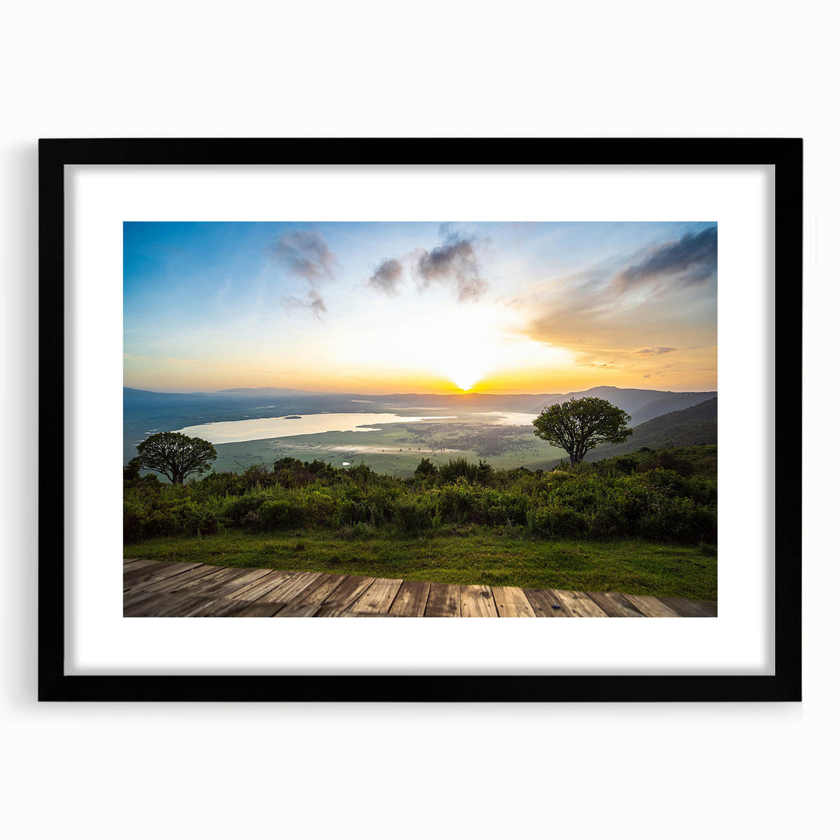 Extra large abstract art print depicting a colorful, textured African scenery on a framed canvas.