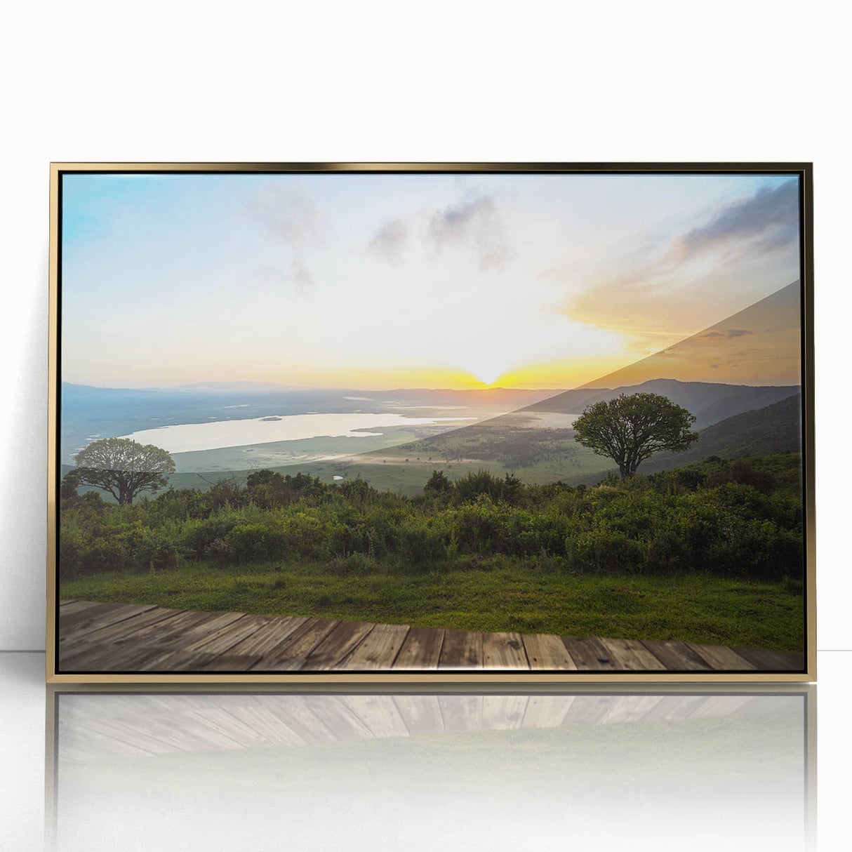 Large art print of a Tanzanian landscape on framed acrylic, featuring muted earth tones in a mid-century modernist style.