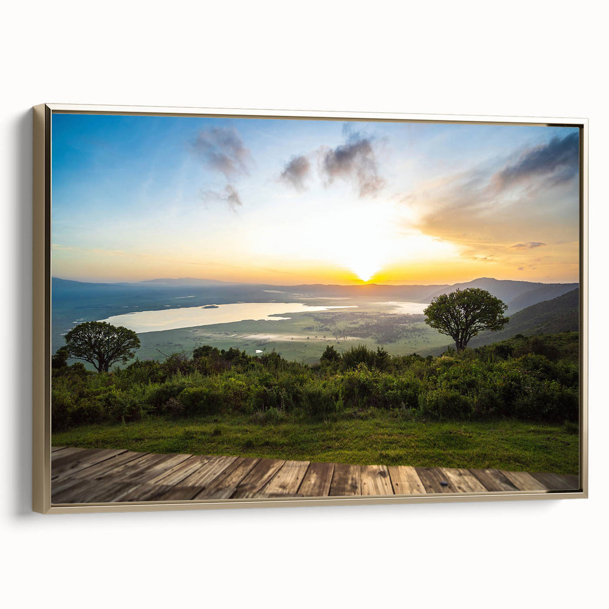 Framed canvas depicting a serene Tanzanian landscape in muted earth tones, ideal for bedroom wall art.