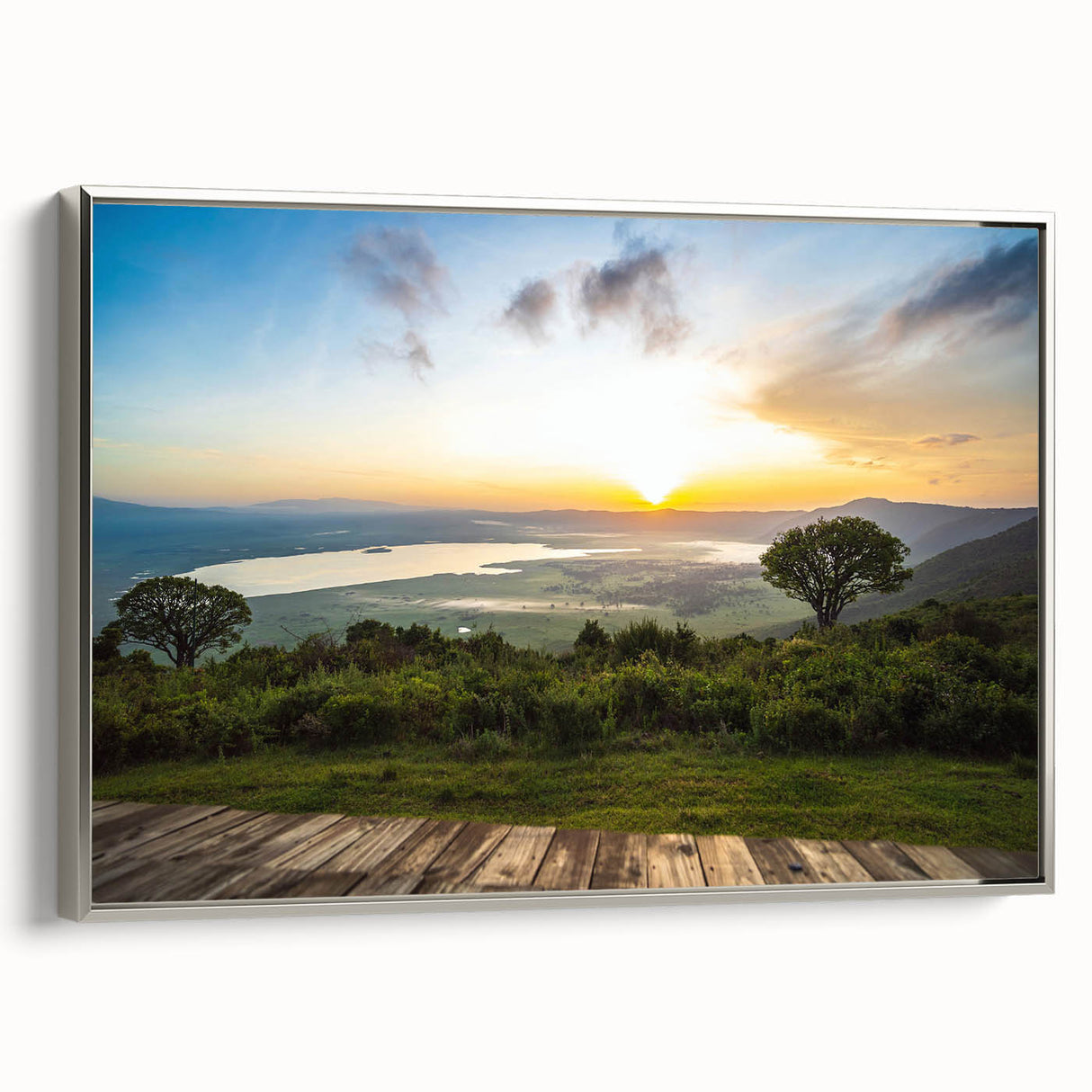 Landscape art painting of a Tanzanian scenery on a framed canvas, featuring vibrant colors, ideal for living room decor.