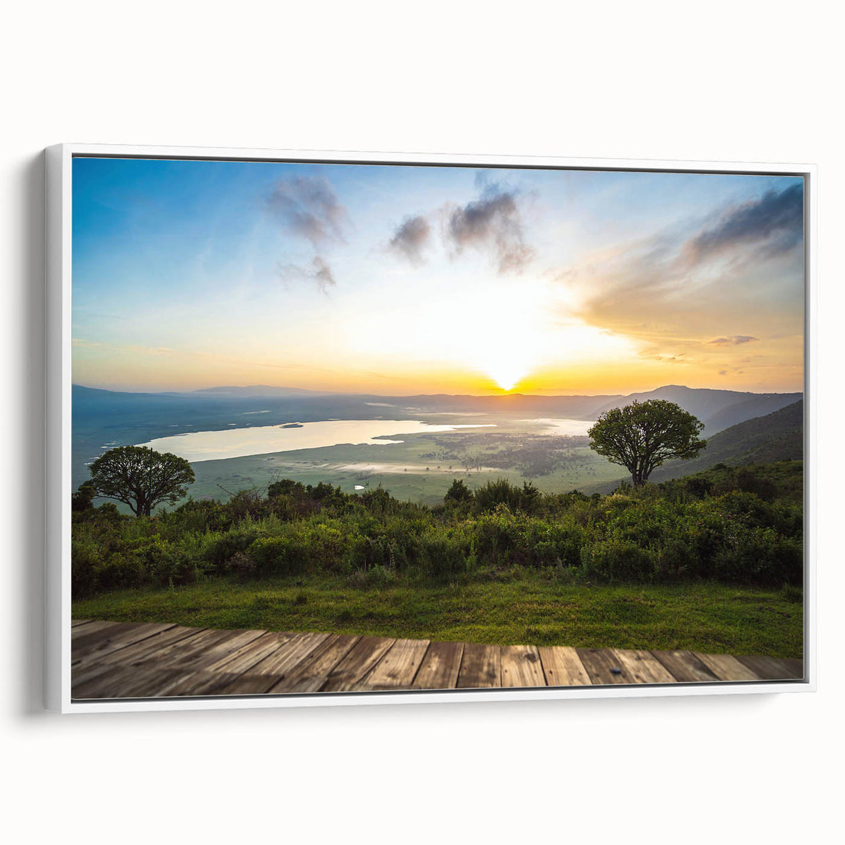 Vintage poster art of a Tanzanian landscape on framed canvas, featuring a palette of earth tones.