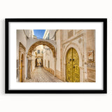 Extra large abstract art print of colorful, textured scenery of Tunisia on a black framed canvas.