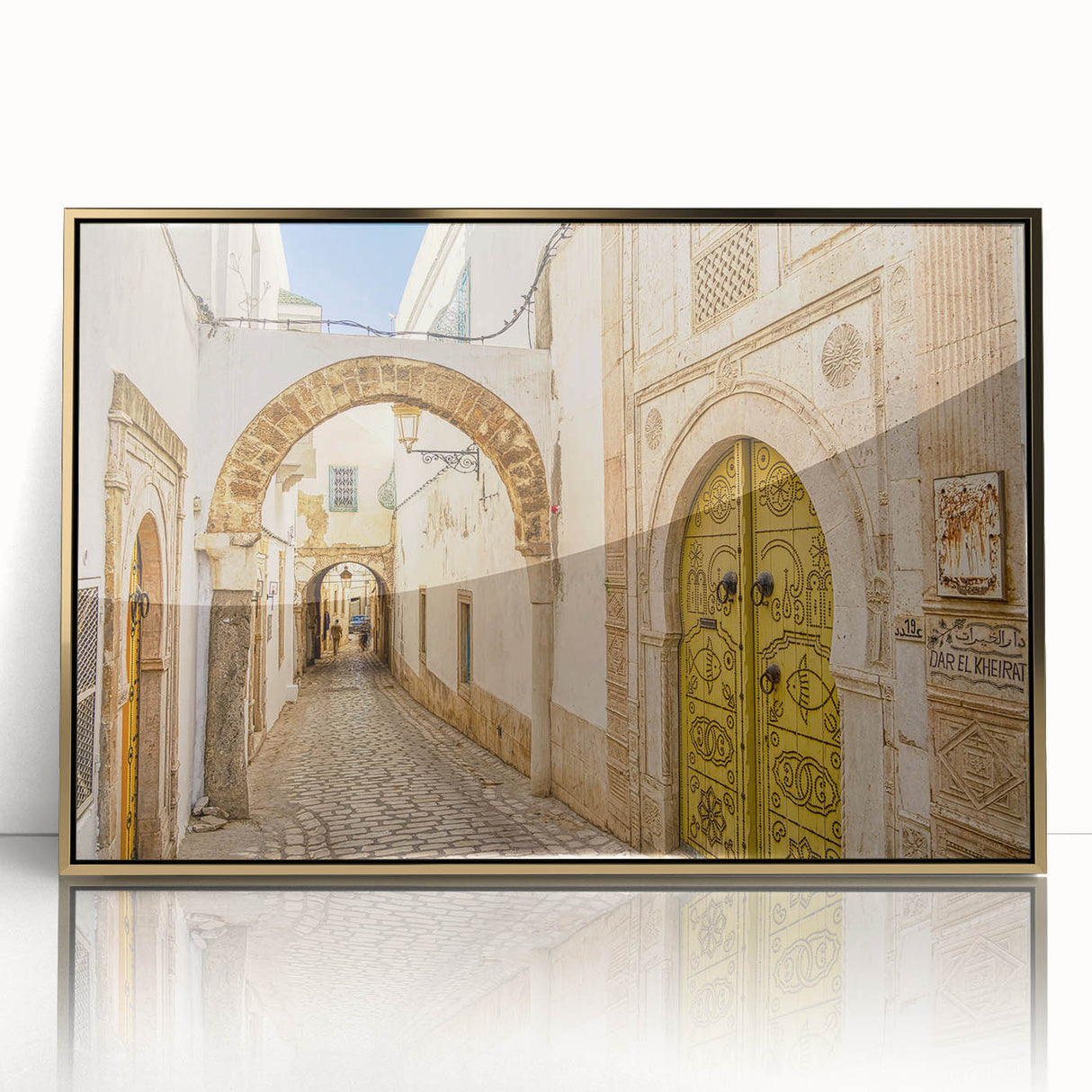 Large art print of a Tunisian landscape in muted earth tones on framed acrylic, ideal for modern art wall decor.