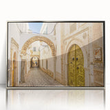Mid-century modernist art depicting Tunisian scenery in muted earth tones on a framed acrylic.