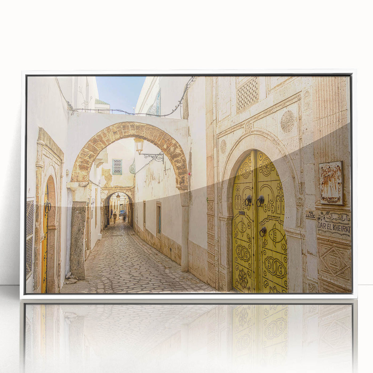 Acrylic print of a Tunisian landscape in art deco style with muted earth tones, ideal for modern art wall decor.