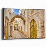 Framed canvas of a black and white Tunisian landscape, ideal for bedroom wall art.