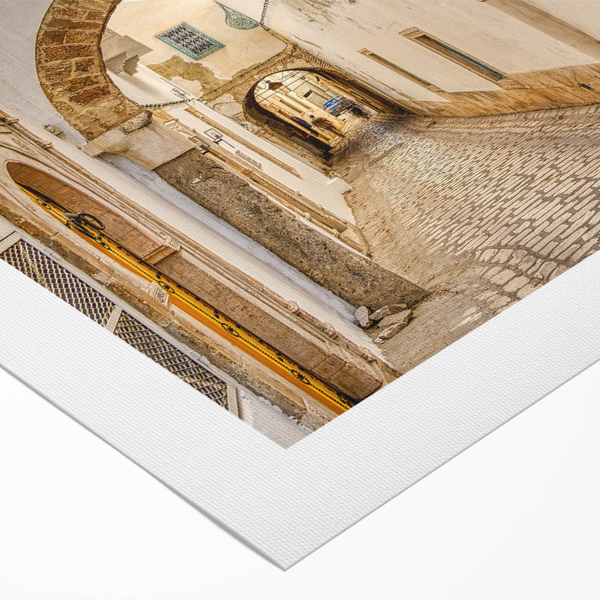 Art deco poster of a Tunisian landscape in muted earth tones on rolled canvas, suitable for dining room decor.