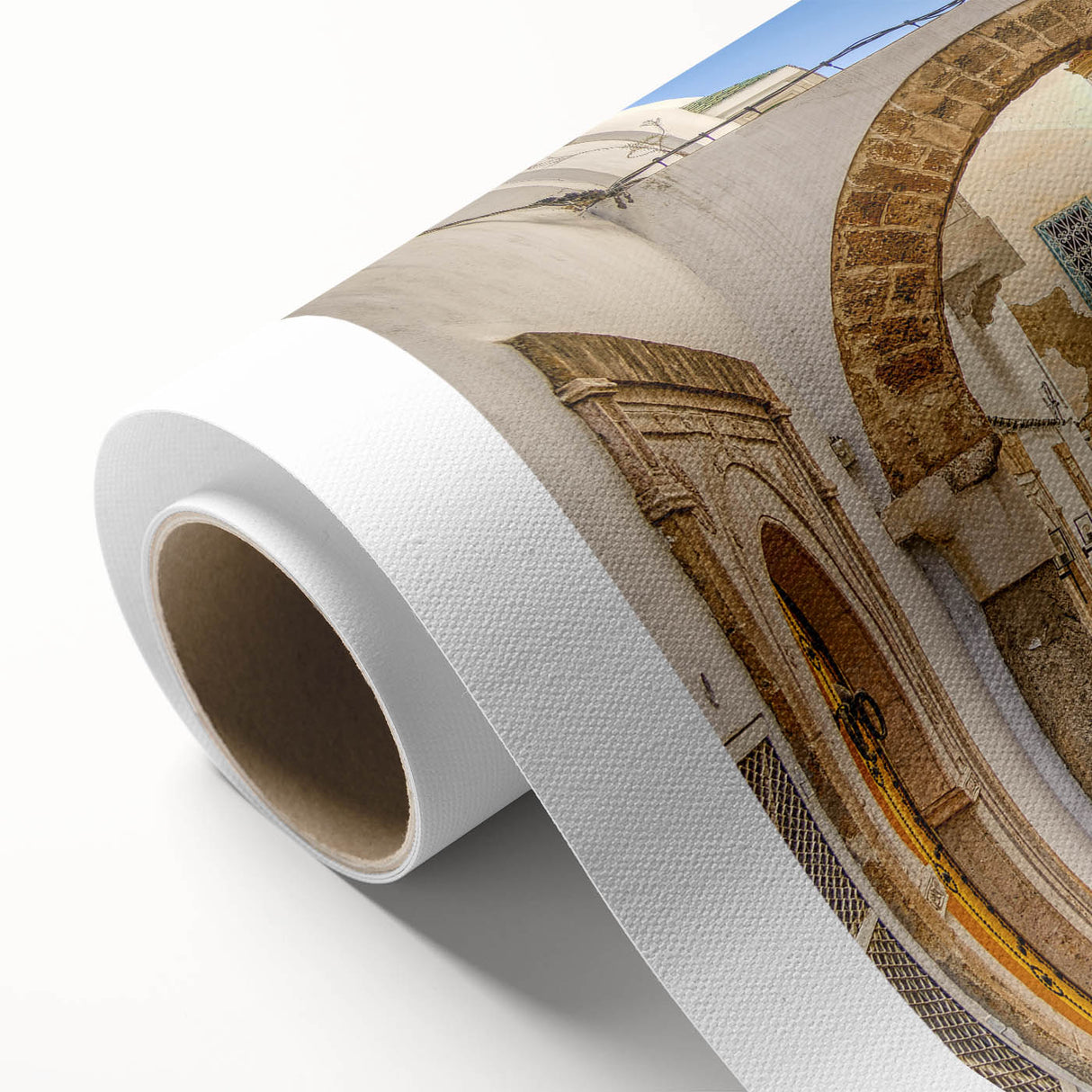 Art deco poster of a Tunisian landscape in muted earth tones on rolled canvas, ideal for nursery wall art.