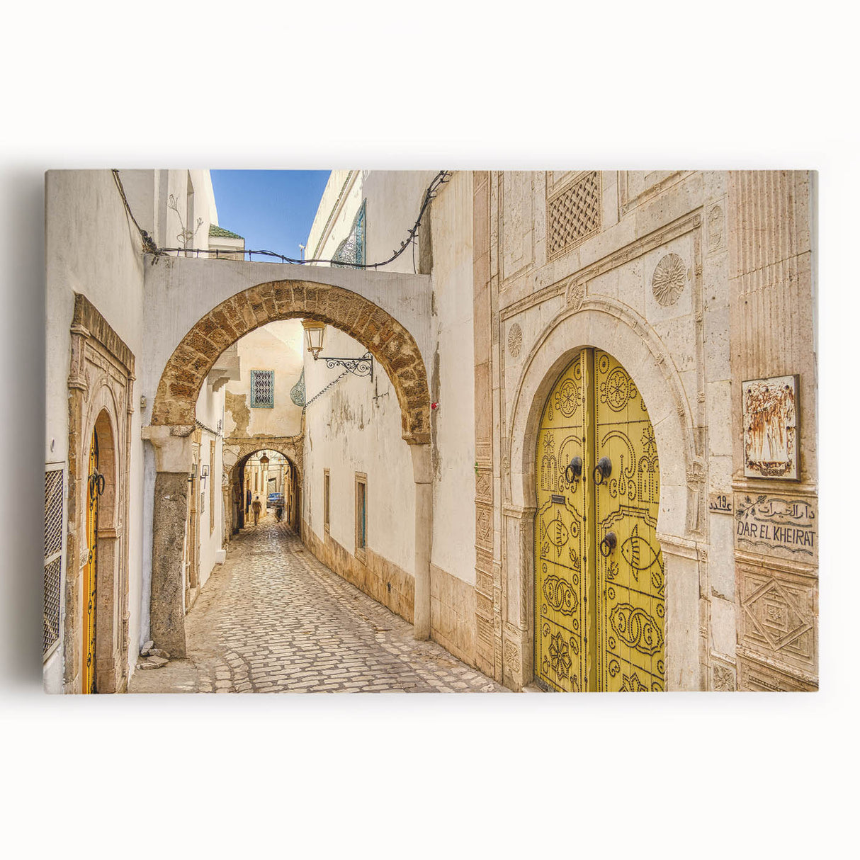 Black and white stretched canvas of Tunisian landscape, ideal for kitchen wall art.