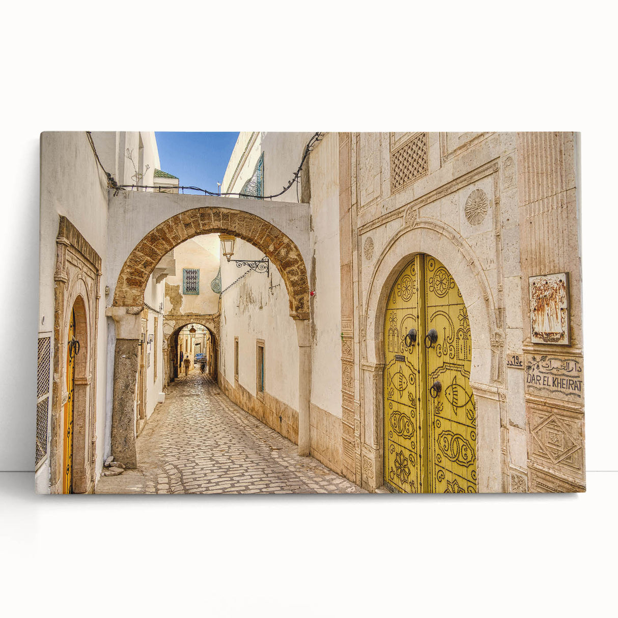 Black and white stretched canvas depicting a Tunisian landscape, ideal for kitchen wall art or bedroom decor.