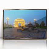 Large art print of a mid-century modernist Azerbaijani landscape in gold tones, framed acrylic.