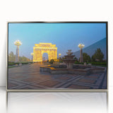 Mid-century modernist art depicting an abstract Azerbaijan landscape in silver and gray tones on a framed acrylic print.