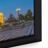 Extra large framed canvas of a textured, colorful art scene depicting an Asian landscape, ideal for living room decor.
