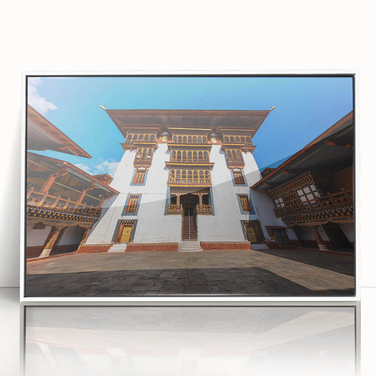 Framed acrylic print of a serene Bhutanese landscape in pastel shades, ideal for modern art wall decor in a nursery.