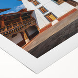 Art deco poster of a serene Bhutan landscape in muted earth tones on rolled canvas, suitable for dining room decor.