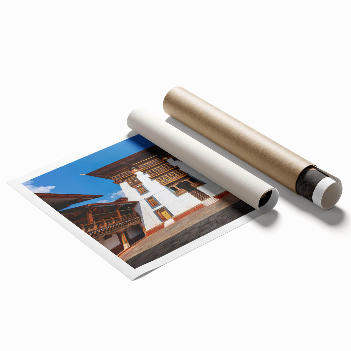 Extra large rolled print of Bhutanese landscape with vibrant greenery and traditional architecture.