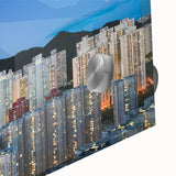 Large abstract wall art of Hong Kong skyline in acrylic glass, featuring mid-century modernist style with vibrant colors.