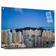 Acrylic print of Hong Kong skyline in muted gray tones, ideal for modern dining room decor.