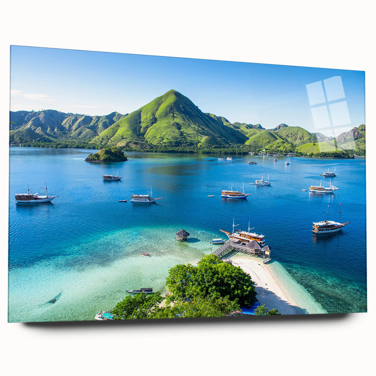 Large abstract wall art depicting an Indonesian landscape in vibrant greens and blues on acrylic glass.