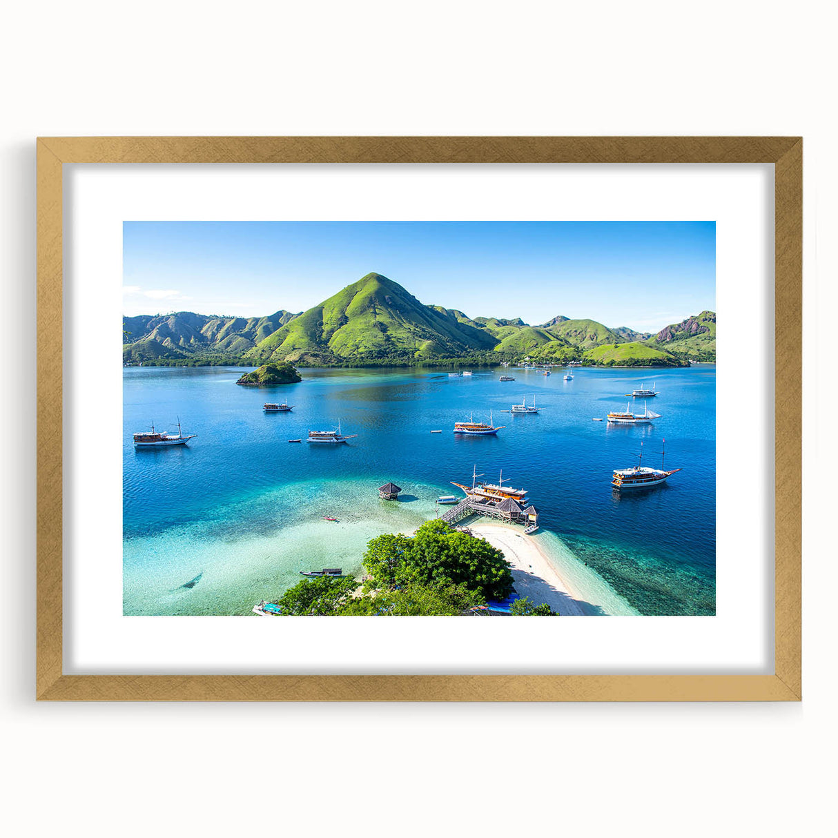Extra large abstract art print featuring textured scenery of Indonesia in muted earth tones, framed in gold.