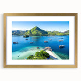 Extra large abstract art print featuring textured scenery of Indonesia in muted earth tones, framed in gold.