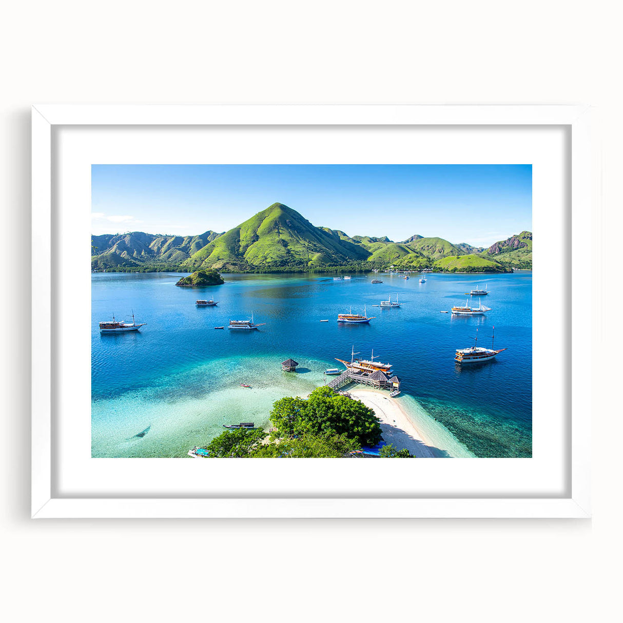 Abstract art print of an Indonesian landscape in muted earth tones on a framed white canvas, suitable for dining room decor.