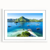 Abstract art print of an Indonesian landscape in muted earth tones on a framed white canvas, suitable for dining room decor.
