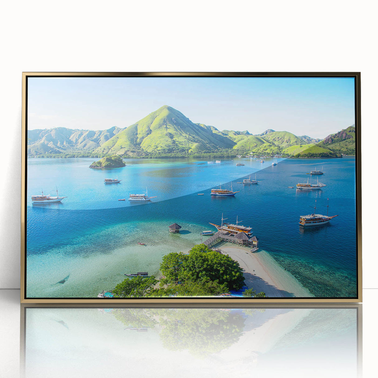 Acrylic print of an Indonesian landscape in gold frame, mid-century modernist style, ideal for modern art wall decor.