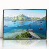 Acrylic print of an Indonesian landscape in gold frame, mid-century modernist style, ideal for modern art wall decor.