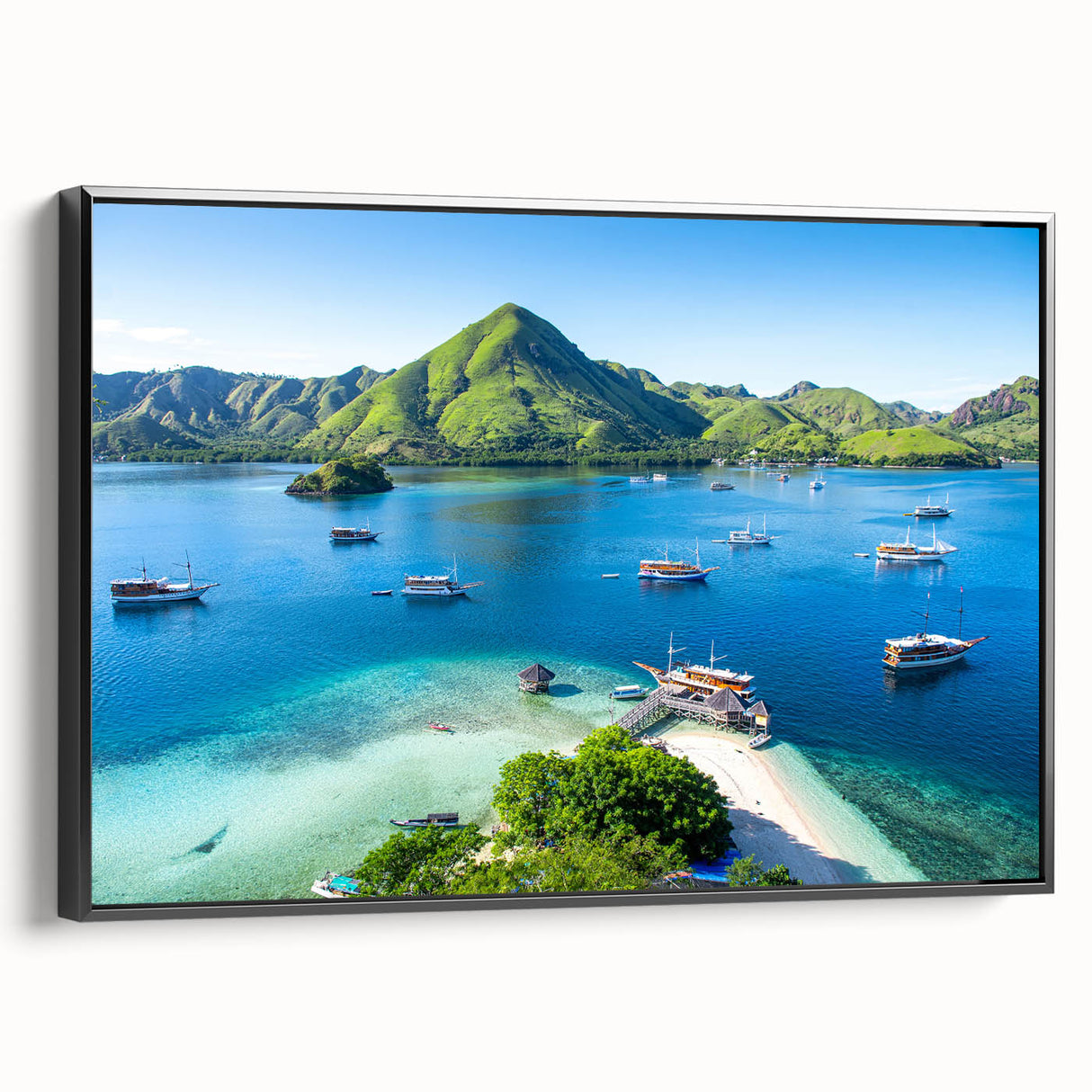 Black and white vintage poster art of an Indonesian landscape on framed canvas, suitable for bedroom wall decor.