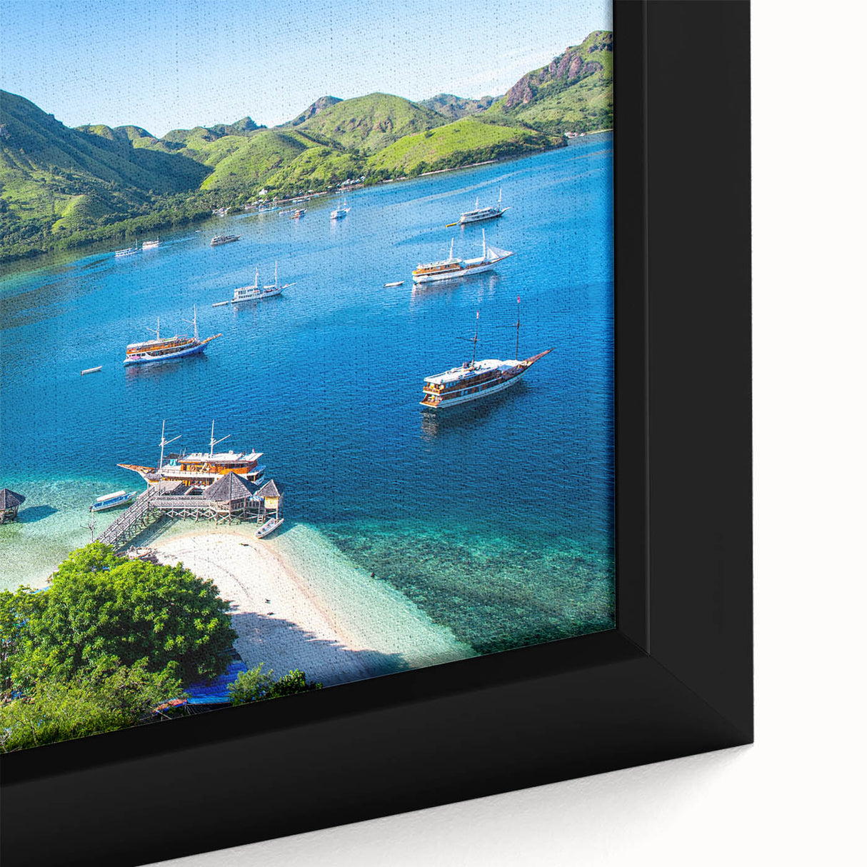 Extra large framed canvas featuring a textured, colorful abstract portrayal of an Indonesian landscape.