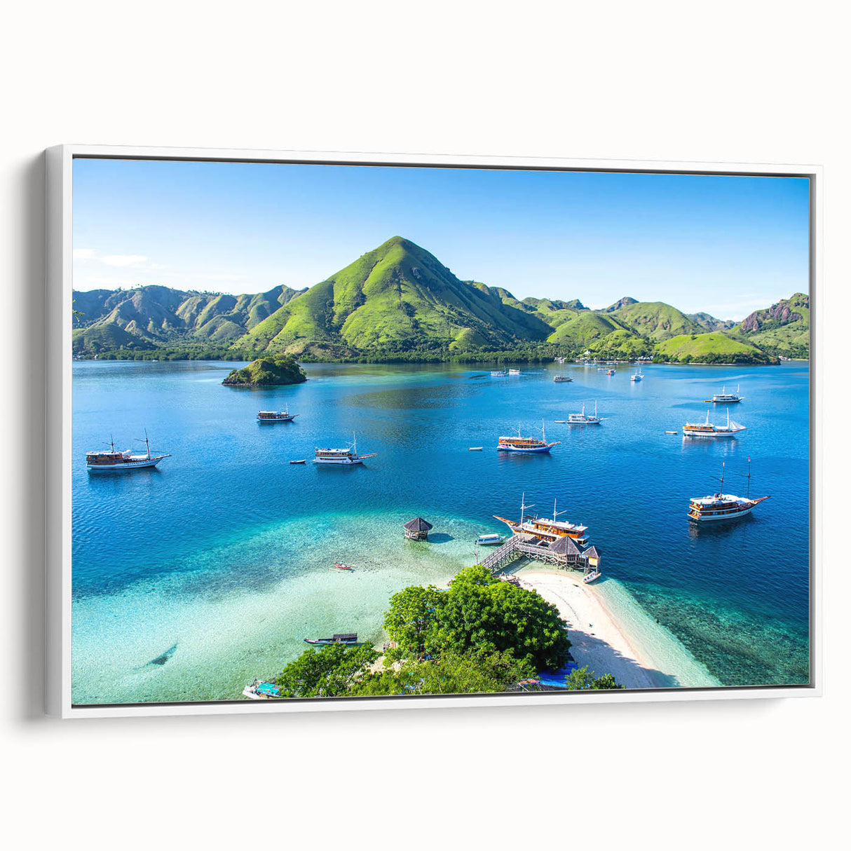 Vintage poster art of an Indonesian landscape in vibrant colors on a large framed canvas, ideal for living room decor.