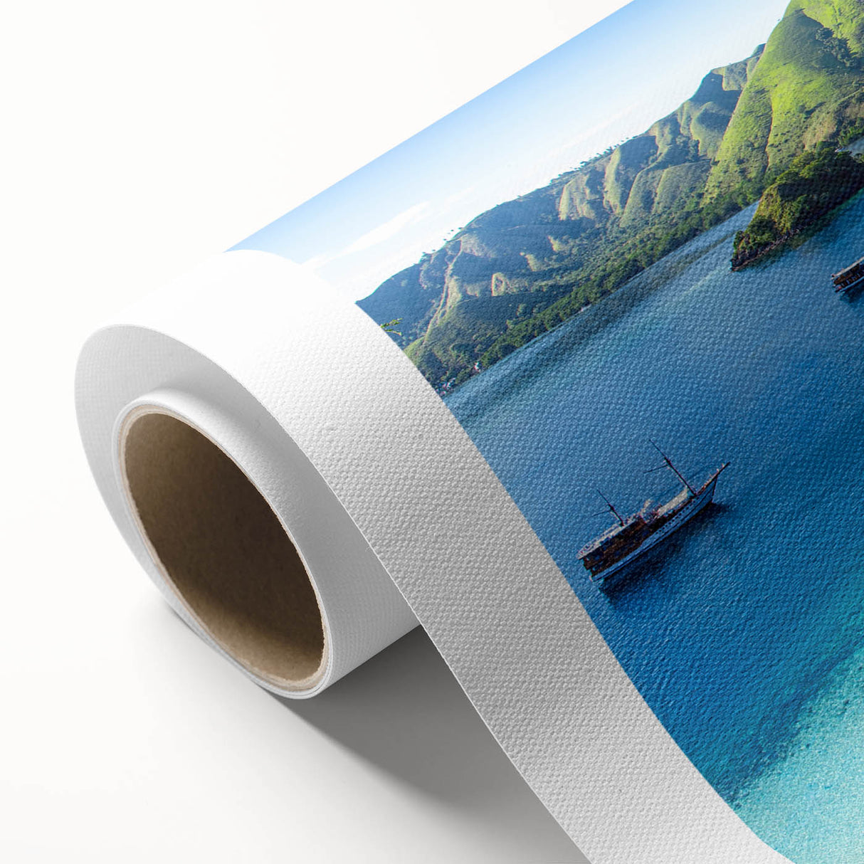 Art Deco poster of an Indonesian landscape in pastel shades on rolled canvas, suitable for nursery wall art.