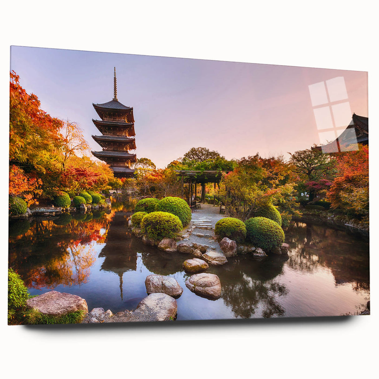 Large abstract wall art featuring a serene Kyoto landscape in muted earth tones on acrylic glass.