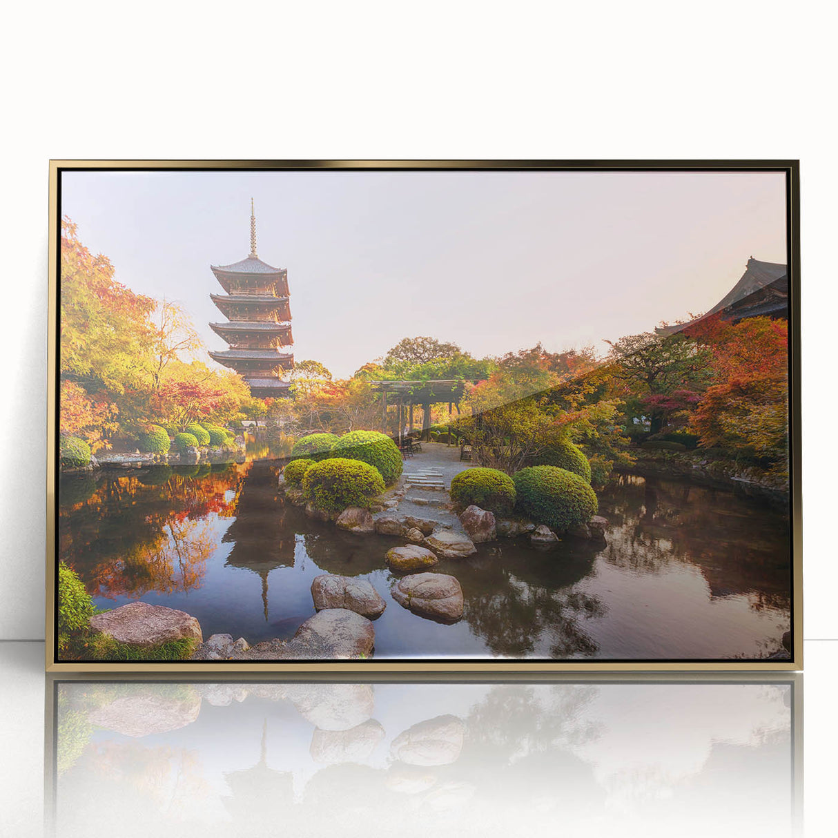 Large art print of a Kyoto scenery in gold tones on a framed acrylic, perfect for modern art wall decor.
