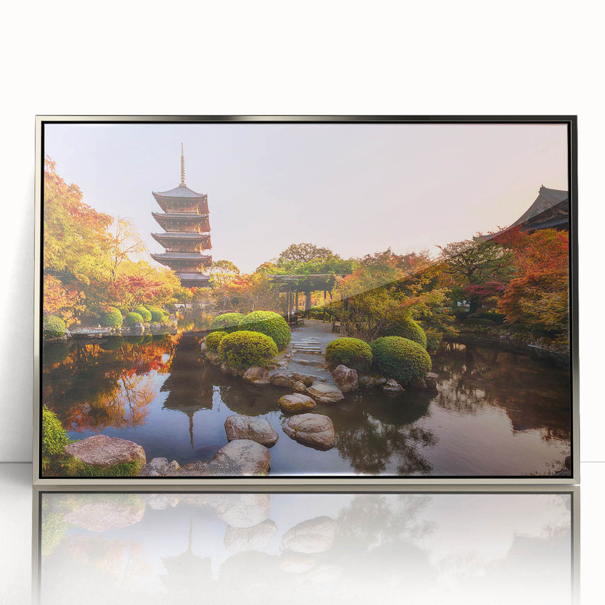 Mid-century modernist art depicting Kyoto scenery in muted earth tones on a silver-framed acrylic print.